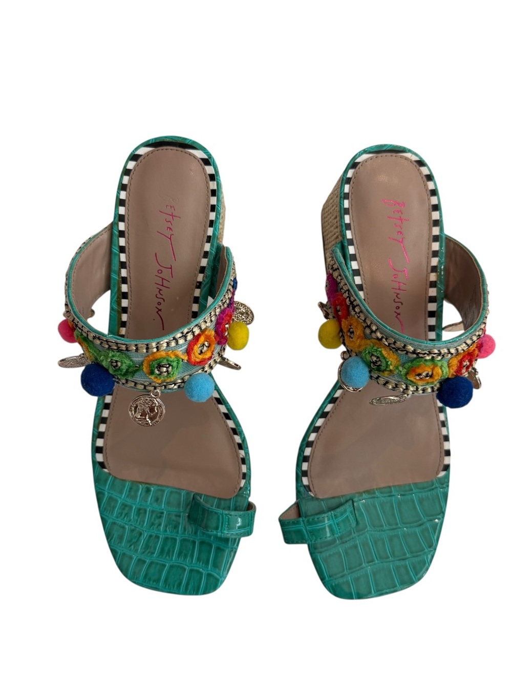 Betsey Johnson Callan Teal Croc-Embossed Slide Sandals with Colorful Pom-Poms